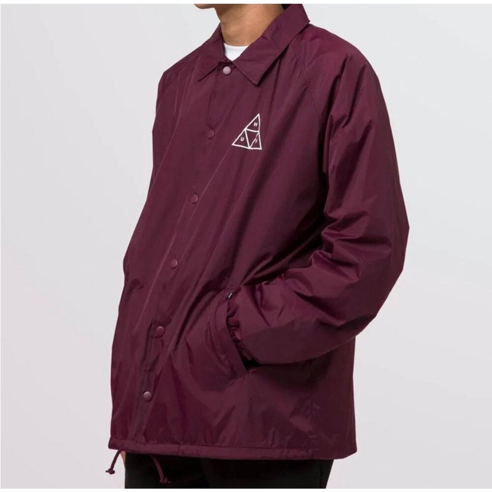 HUF Mens Triple Triangle Coach Jacket Medium Maroon Snap Front WIndbreaker - Picture 2 of 9